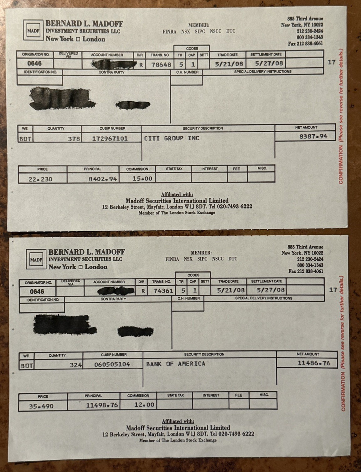 Bernie Madoff BANK OF AMERICA + CITI GROUP Stock Trade Confirmation Slips (2)