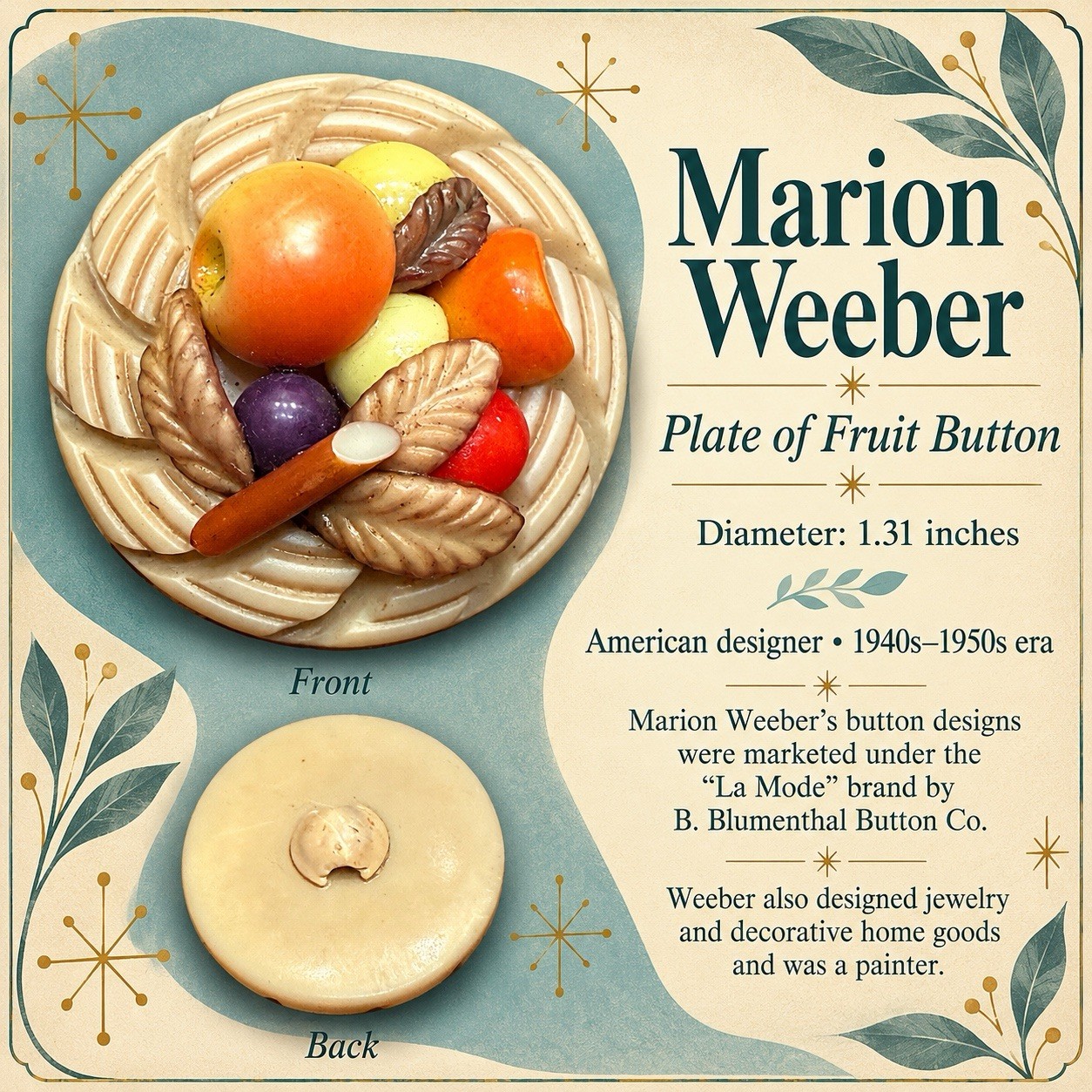 Vintage MARION WEEBER  PLATE OF FRUIT celluloid button  circa  1940's-50's~1.31