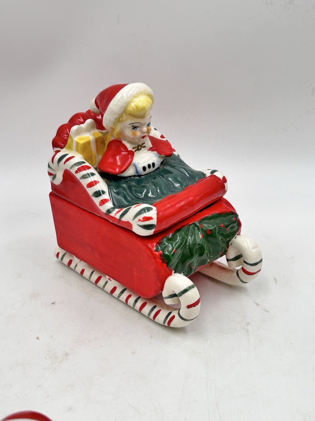 50s Napco Norcrest Lefton Christmas Girl In Candy Cane Sleigh Covered Box Japan