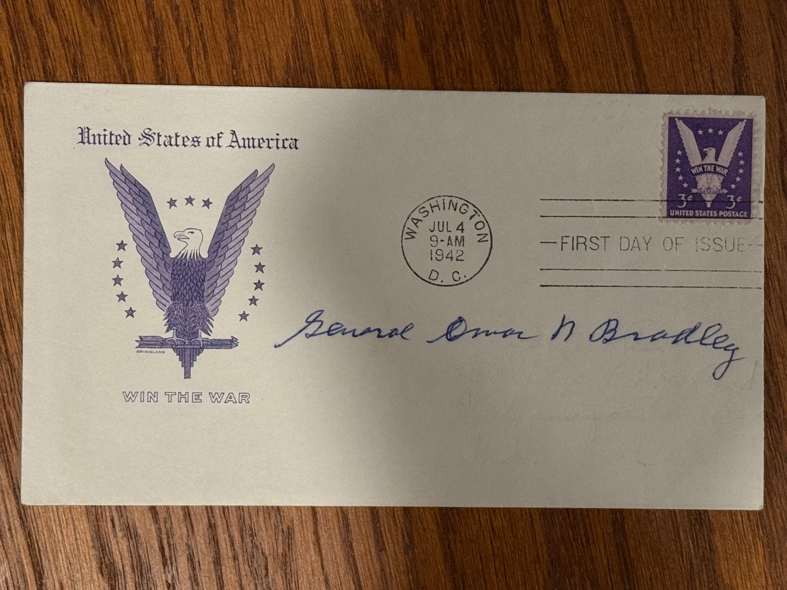 GEN OMAR N. BRADLEY Signed WWII 1942 Win The War FDC Beckett BAS Authentic