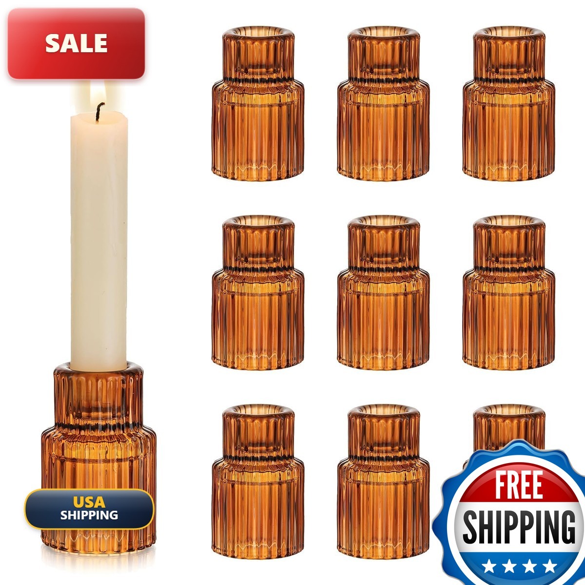 Hewory Amber Glass Candle Holders 10 PCS Ribbed Taper Hewory Amber Glass Candle Holders 10 PCS Ribbed Taper