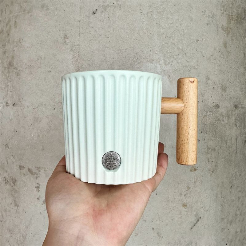 Starbucks Cup Ceramic Cup Gradient Mint Green Cup Fresh Wooden Handle Mug 375ml