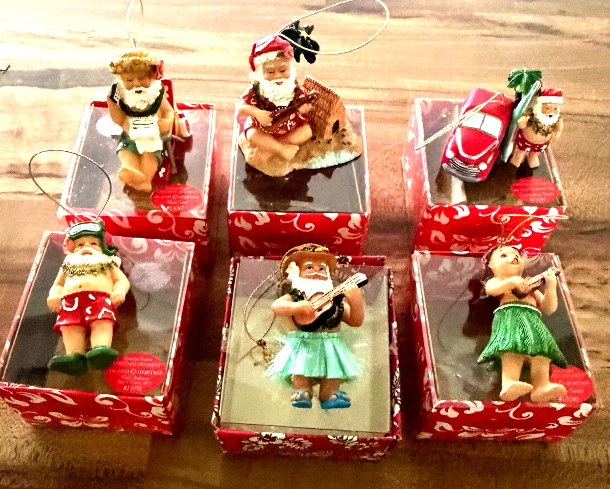 Hand Painted Hawaiian Holiday Santa Ornaments Island Heritage Lot of 6