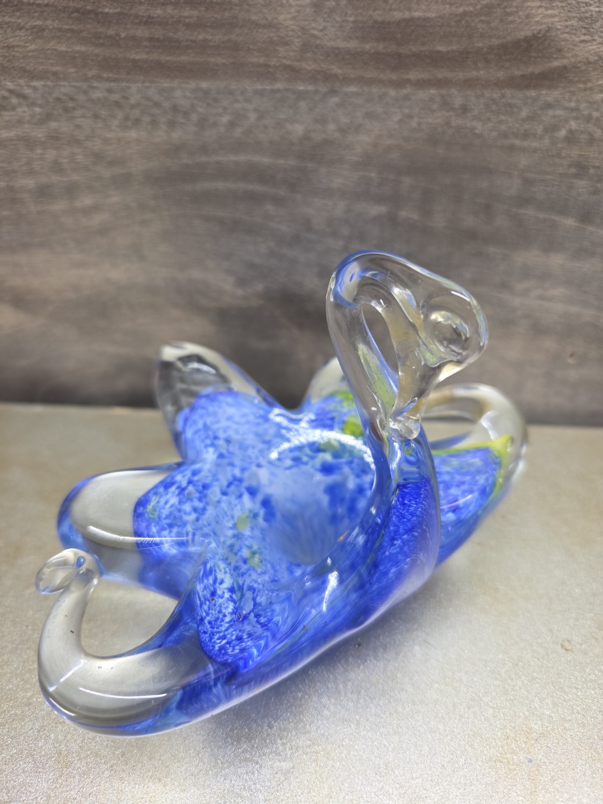 Vintage Hand Blown Art Glass Swan Bird Candy Trinket Dish Green/Yellow Blue