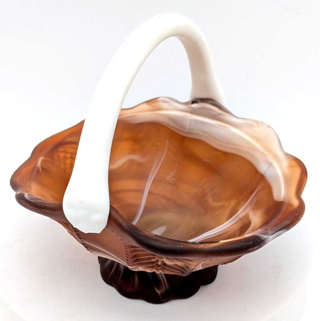 Imperial Caramel Slag Glass Scalloped Edge Basket Milk Glass Handle