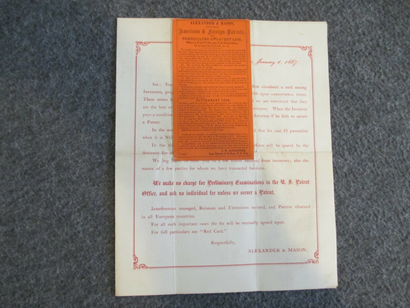 1867 EPHEMERA WASHINGTON CITY DC AMERICAN & FOREIGN PATENT LAW ALEXANDER & MASON