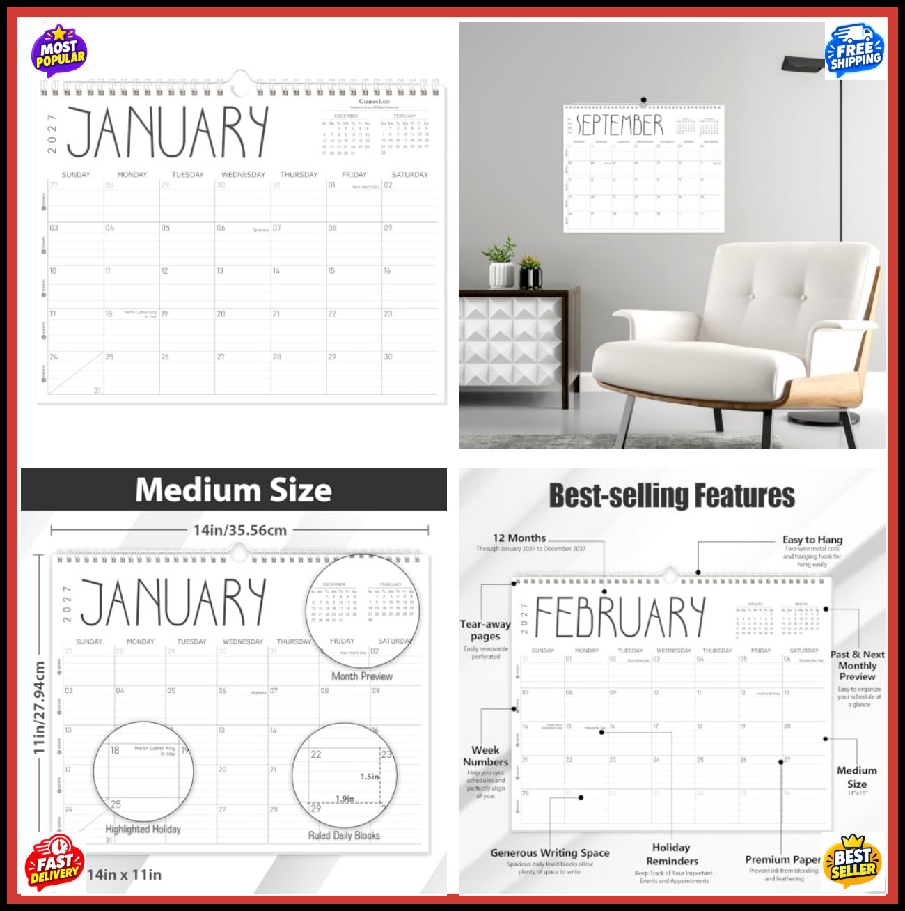 2027 Wall Calendar 12 Month 14x11 Spiral Bound Thick Paper Hanging Monthly