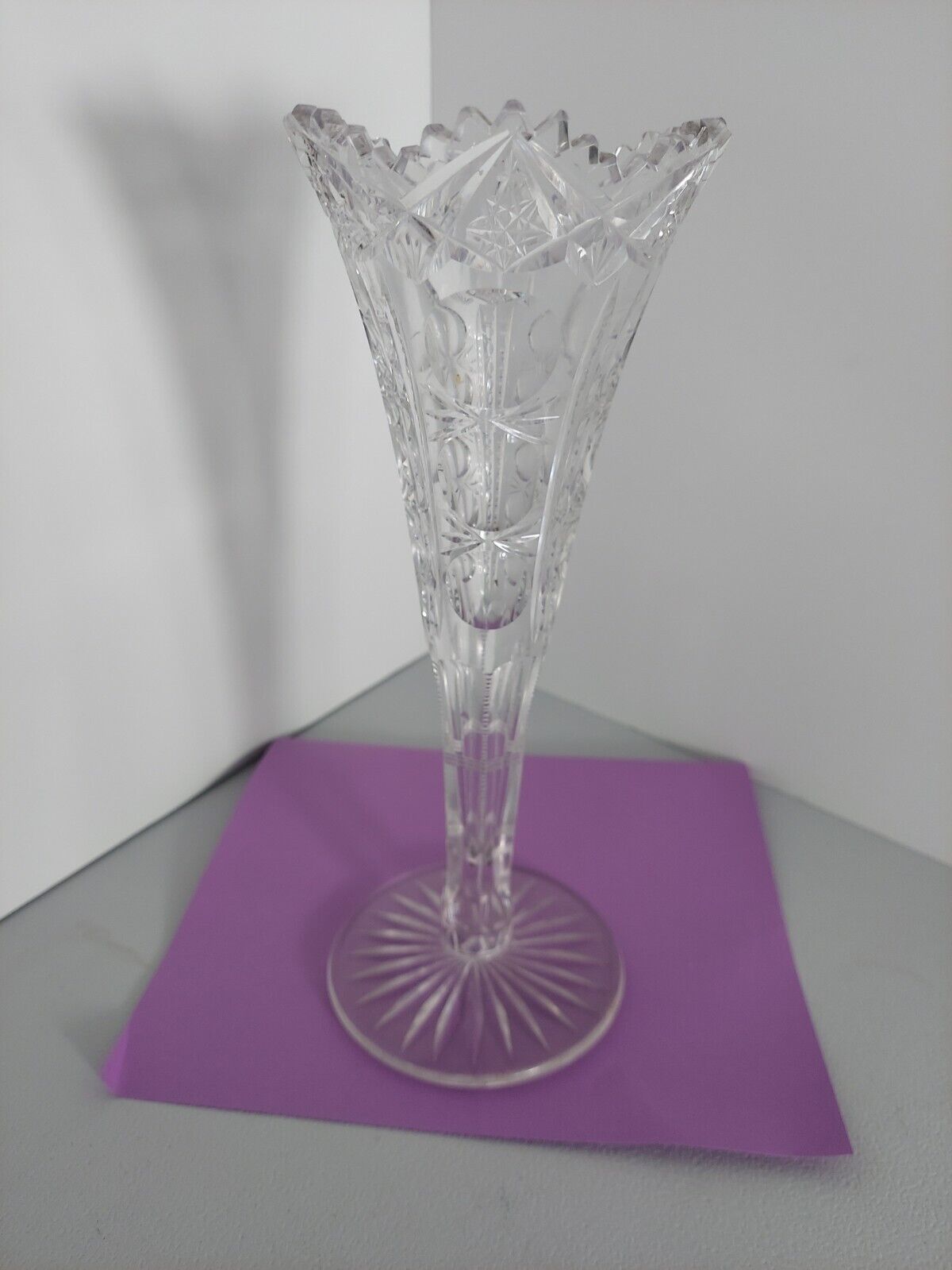 Fluted Crystal Cut Vase American Brilliant Period Tulip Saw Tooth Rim 10''Tall