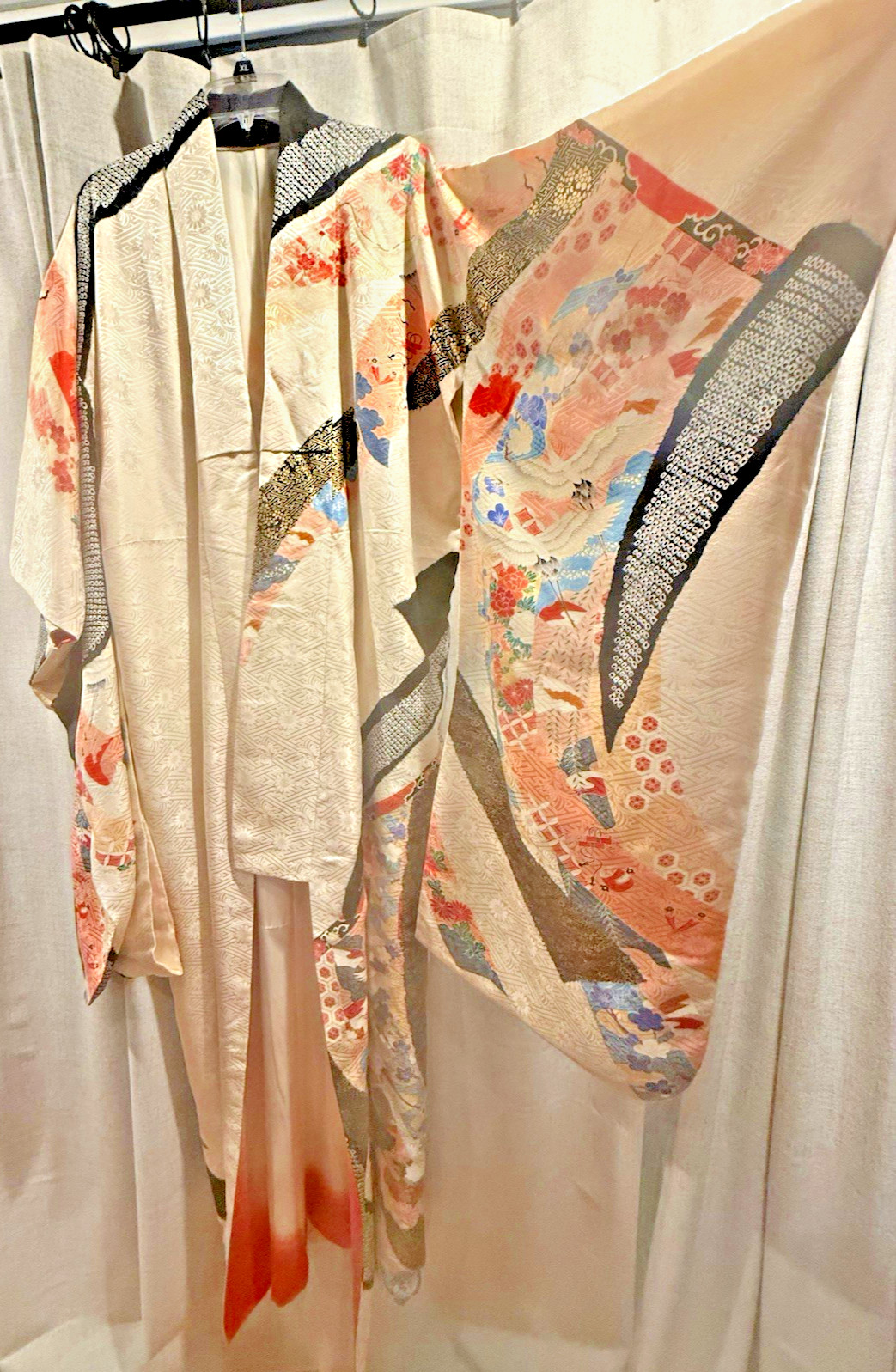 Antique Textured silk furisode kimono with crane and shibori embroidery