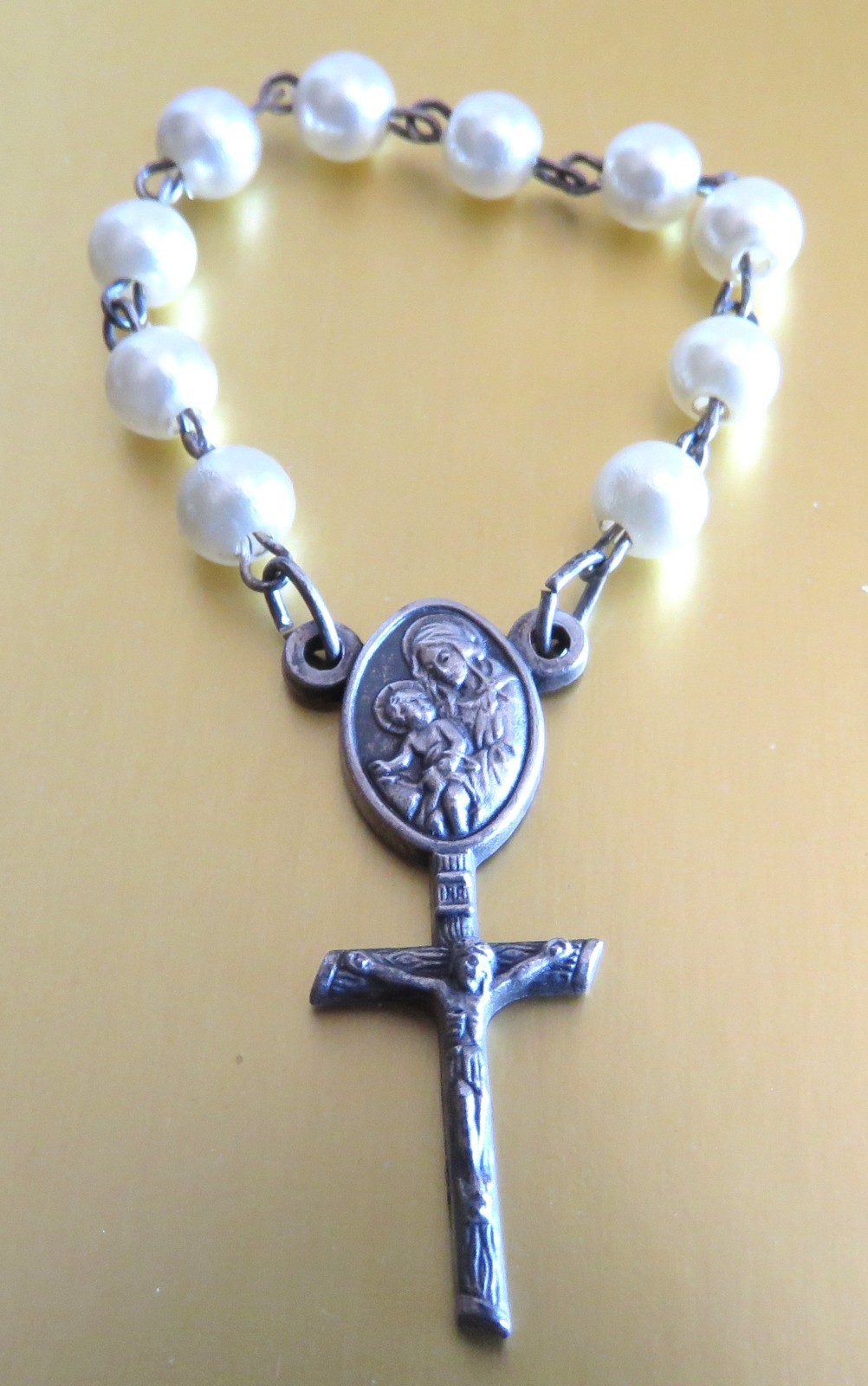 Small Auto Pocket Rosary Faux Pearls  Italian Charm Cross 3.5\