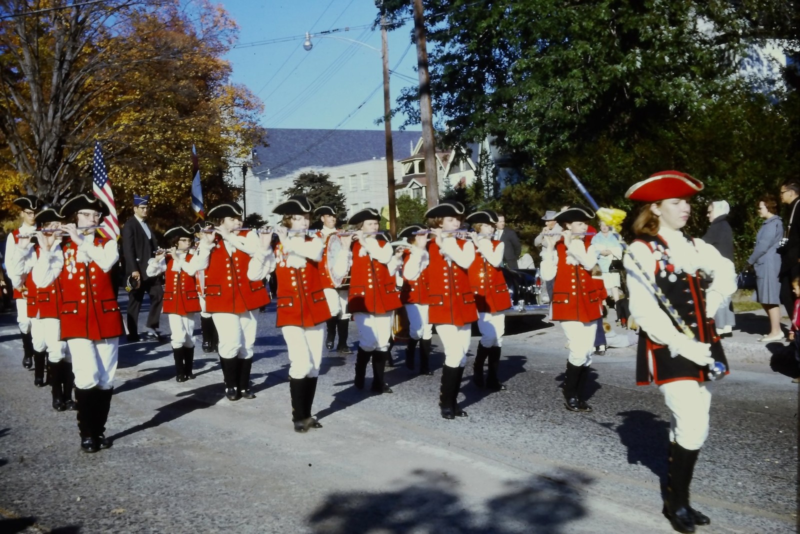 VINTAGE PHOTO SLIDE Colonial fife and drum corps marching in a parade.