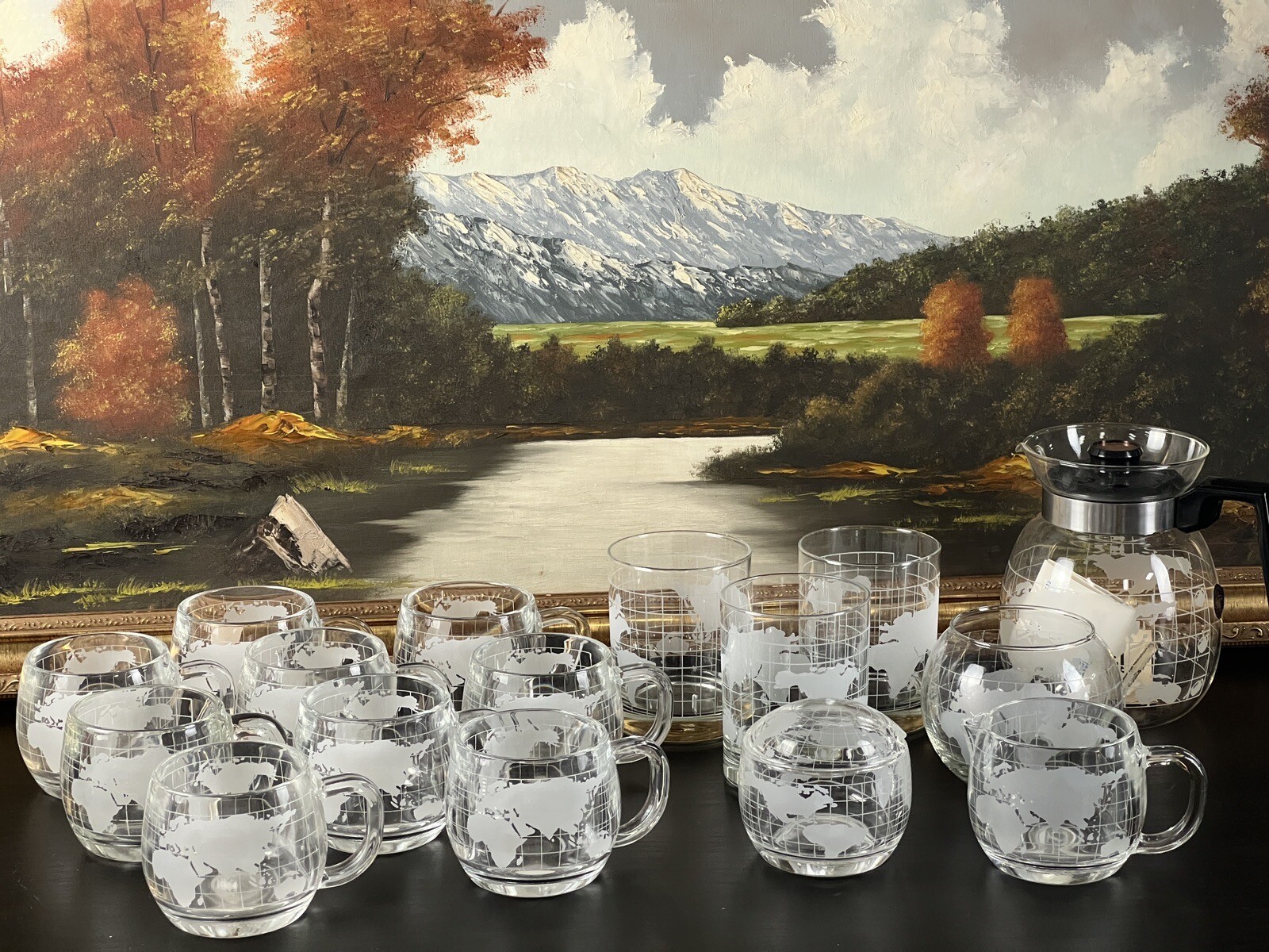 Vintage 1970s NESTLE Nescafe Glass World Globe Coffee Set 16 Pieces
