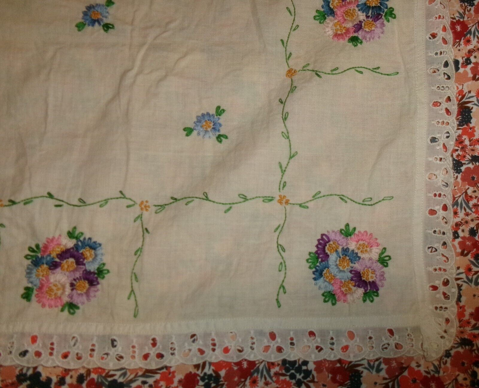Vintage Card Table  Tablecloth Hand Embroidered