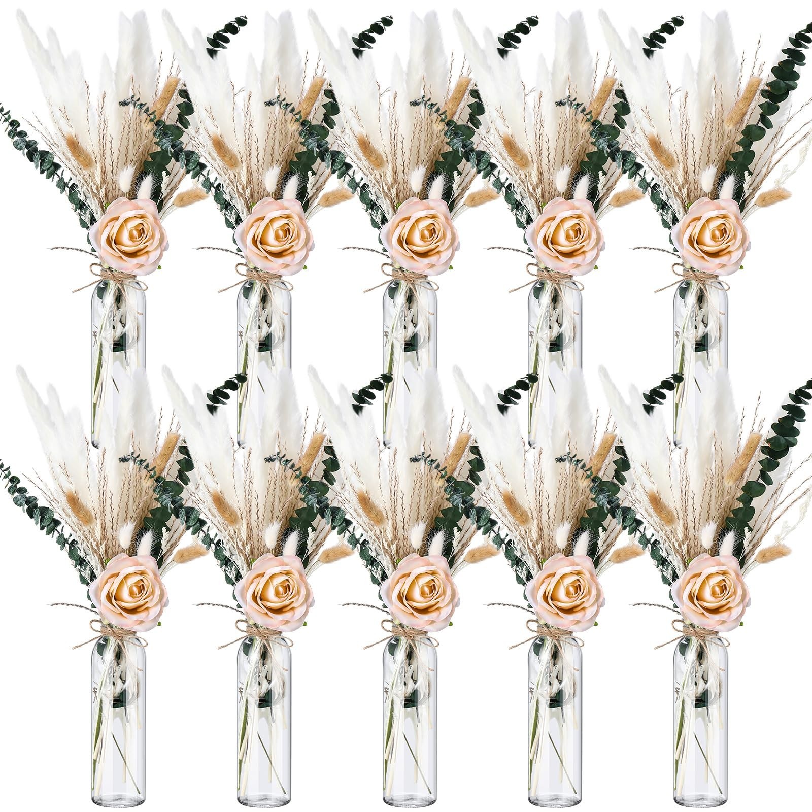 Qinyoung 10 Set Pampas Grass Centerpiece 10 Glass Jars 10 Roses 80 Stems