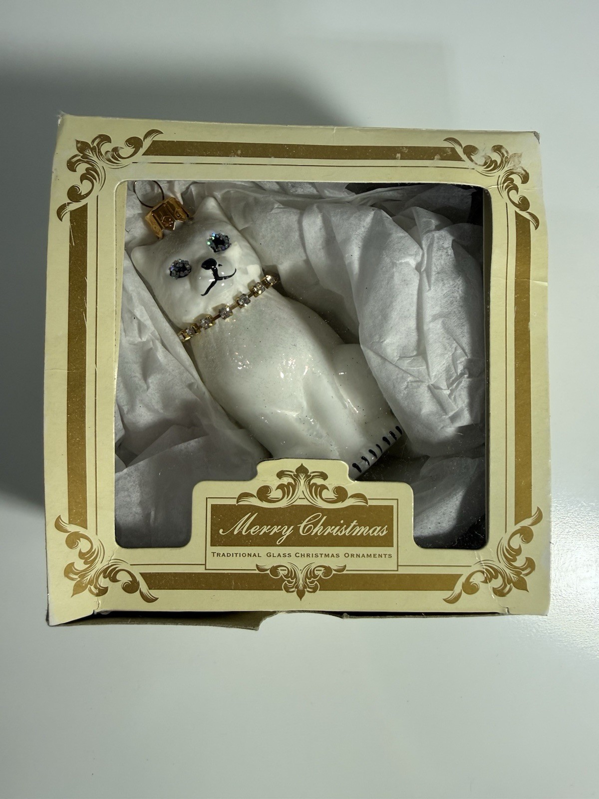 Vintage Impuls Mouth Blown Hand Painted Glass White Cat Ornament Poland