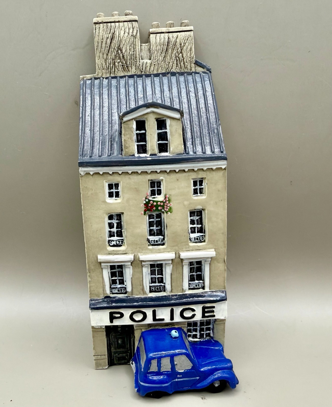 Carlton Hand Painted French Police Station House Sculpture w/ Blue Car Paris Carlton Hand Painted French Police Station House Sculpture w/ Blue Car Paris