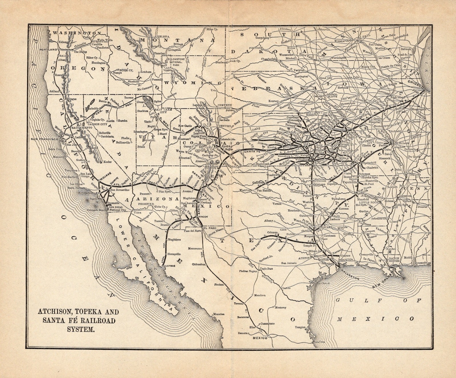 1893 Antique Atchison Topeka & Santa Fe Railway System Map 3098