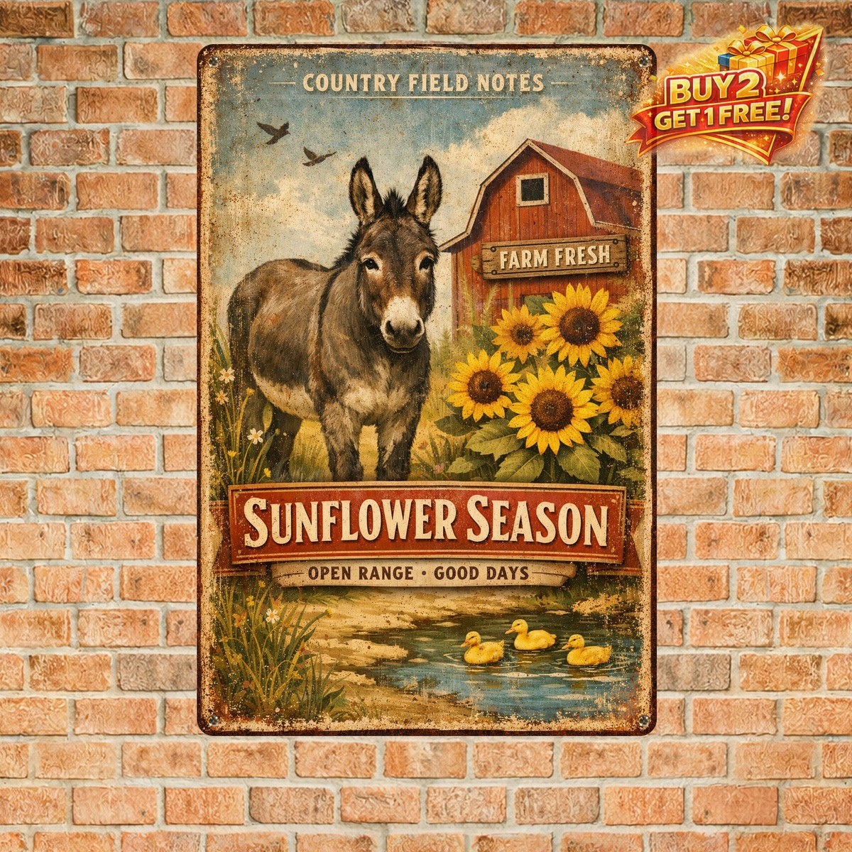 Rustic Donkey and Sunflower Home Decor Metal Tin Sign 8x12