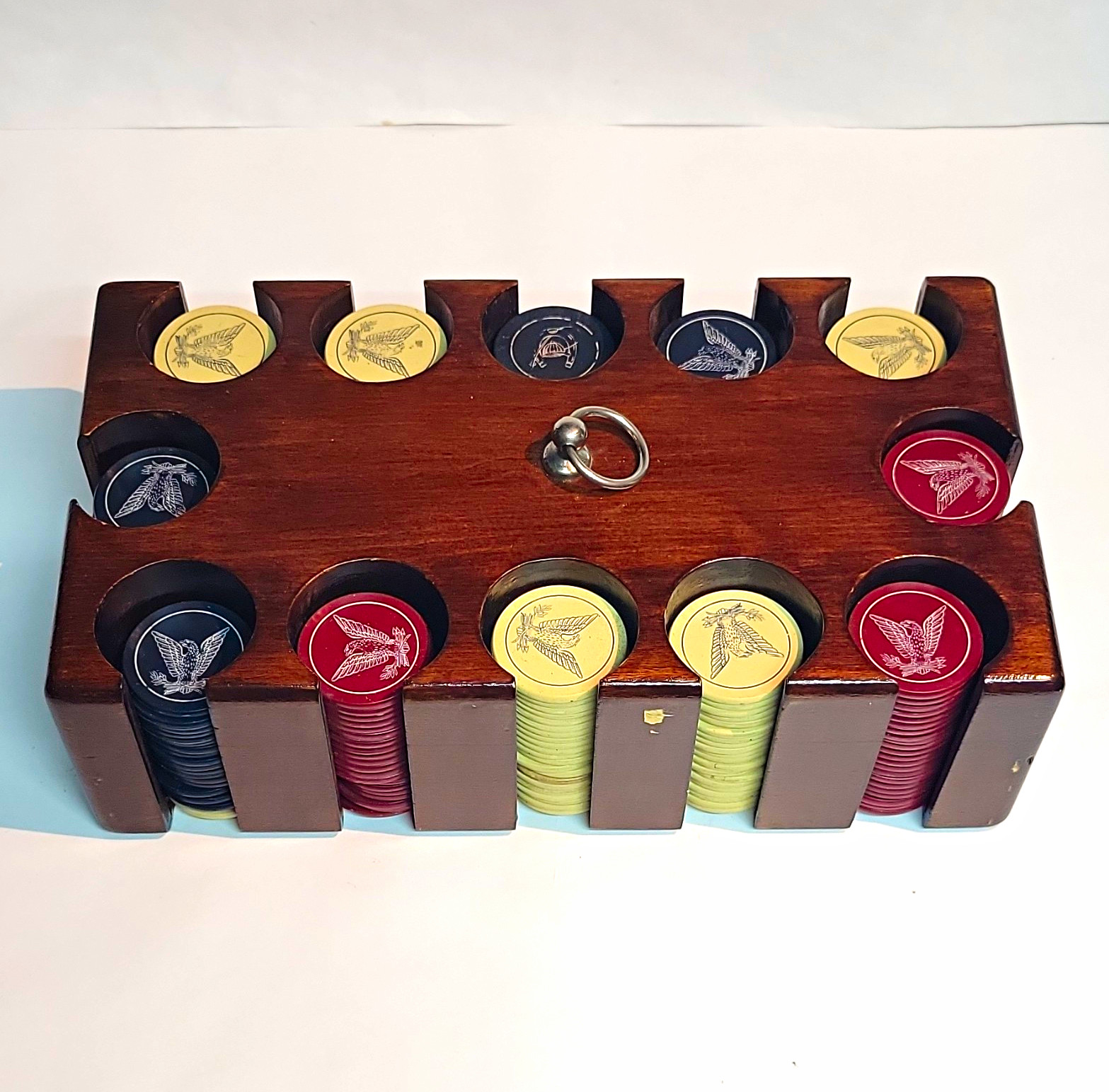 Wooden Casino Poker Chip Tray Rack with Metal Ring Pull Handle VTG Rare Clay