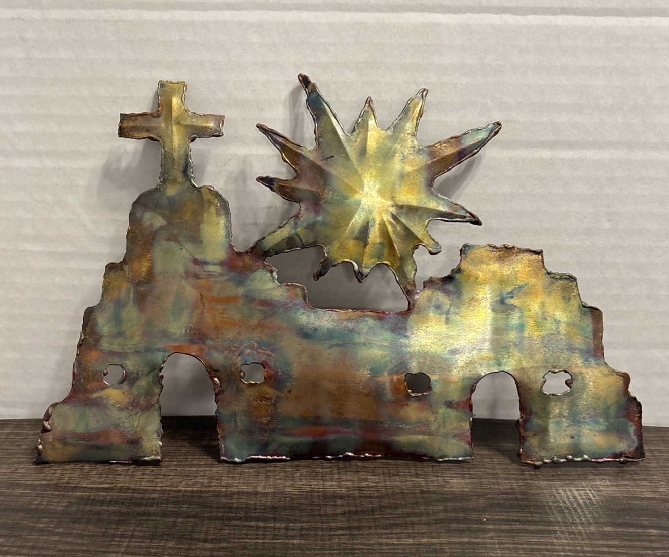 Handmade Metal Art Cross Star Of Bethlehem Scene Christian iridescent