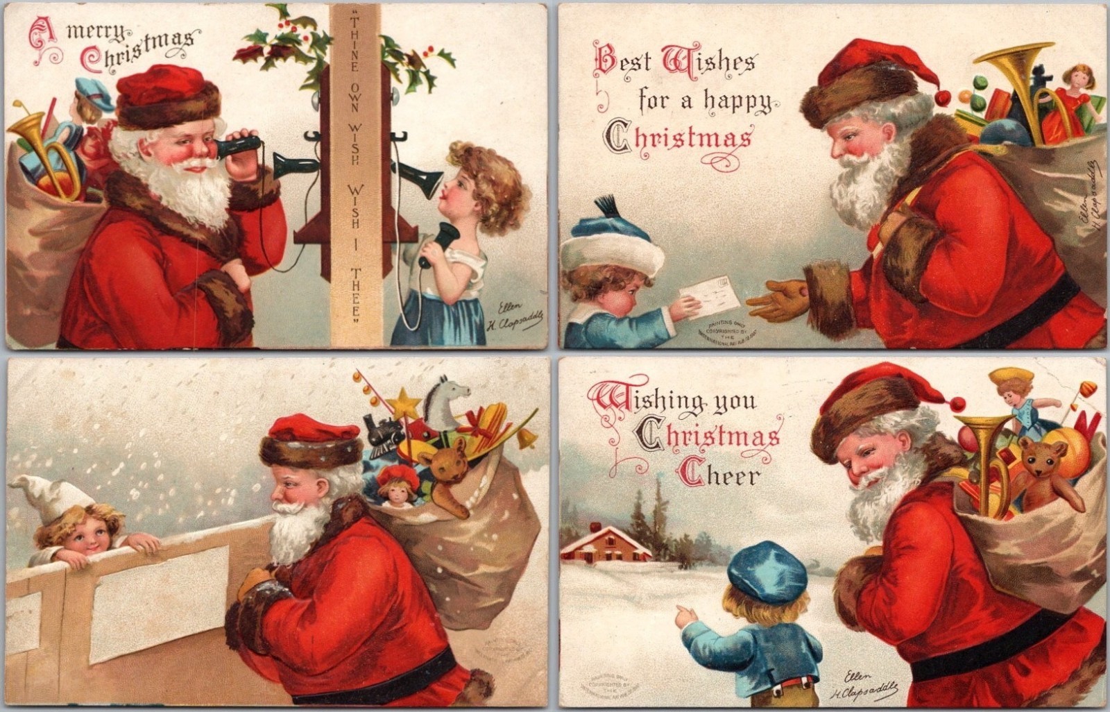 Lot of 4~Clapsaddle SANTA CLAUS with Children ~ Antique Christmas Postcards~s964