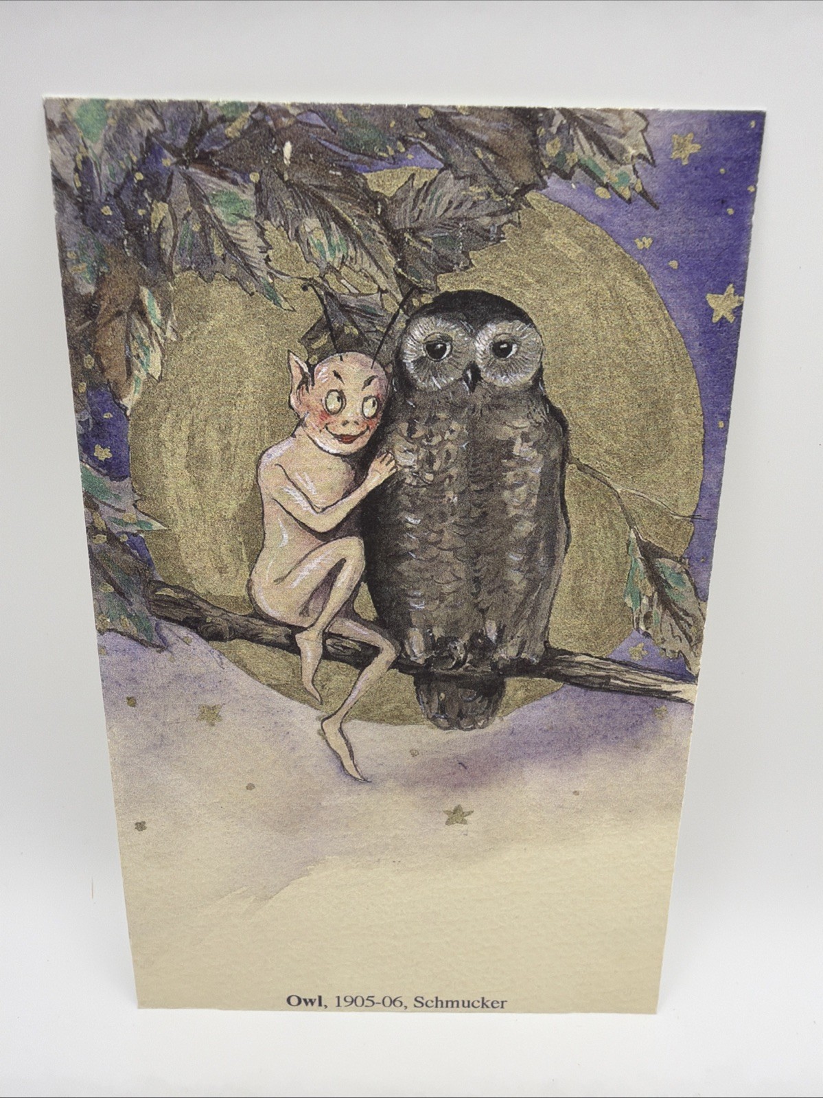 Samuel Schmucker Halloween Postcard Style Reprint Owl With Pixie 1905 2005