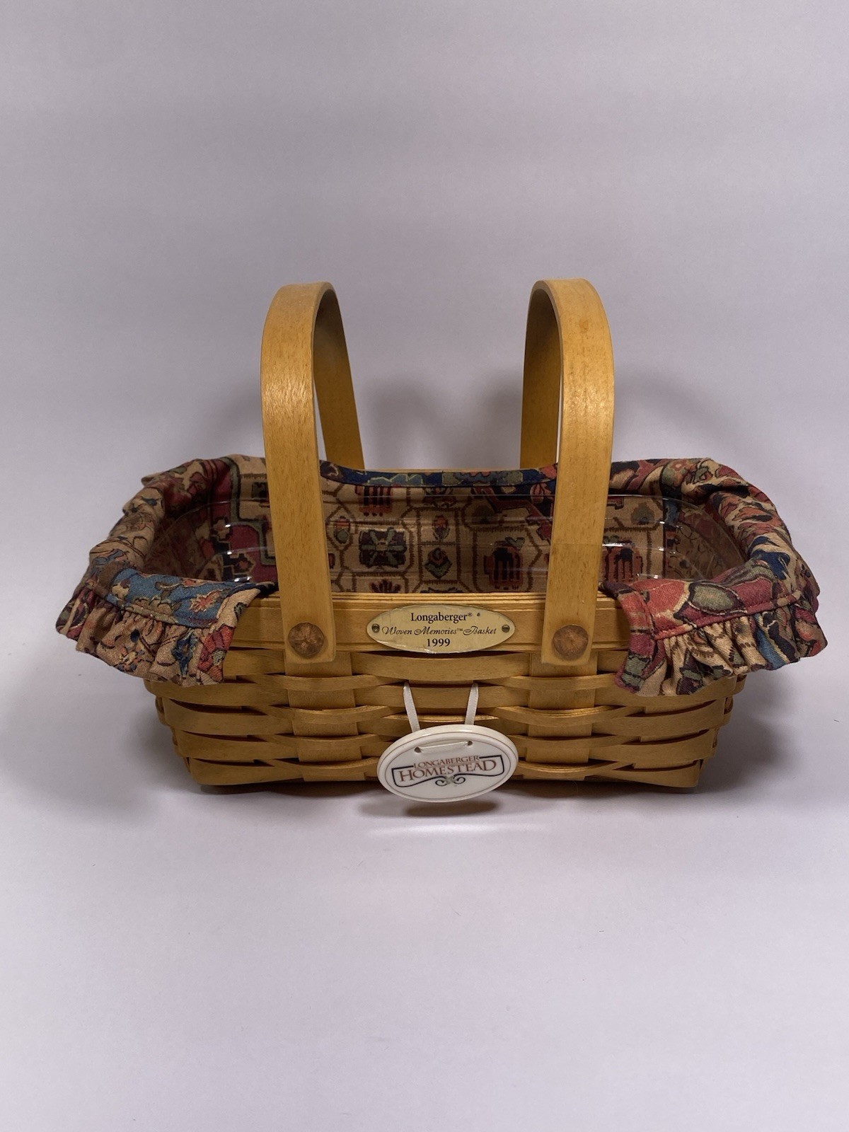 Longaberger 1999 Woven Memories Basket Homestead Charm Handles Floral Liner Longaberger 1999 Woven Memories Basket Homestead Charm Handles Floral Liner