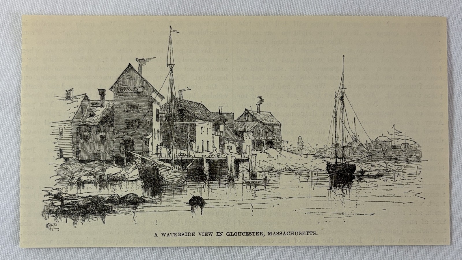 1886 magazine engraving ~ WATERSIDE VIEW IN GLOUCESTER, Massachusetts