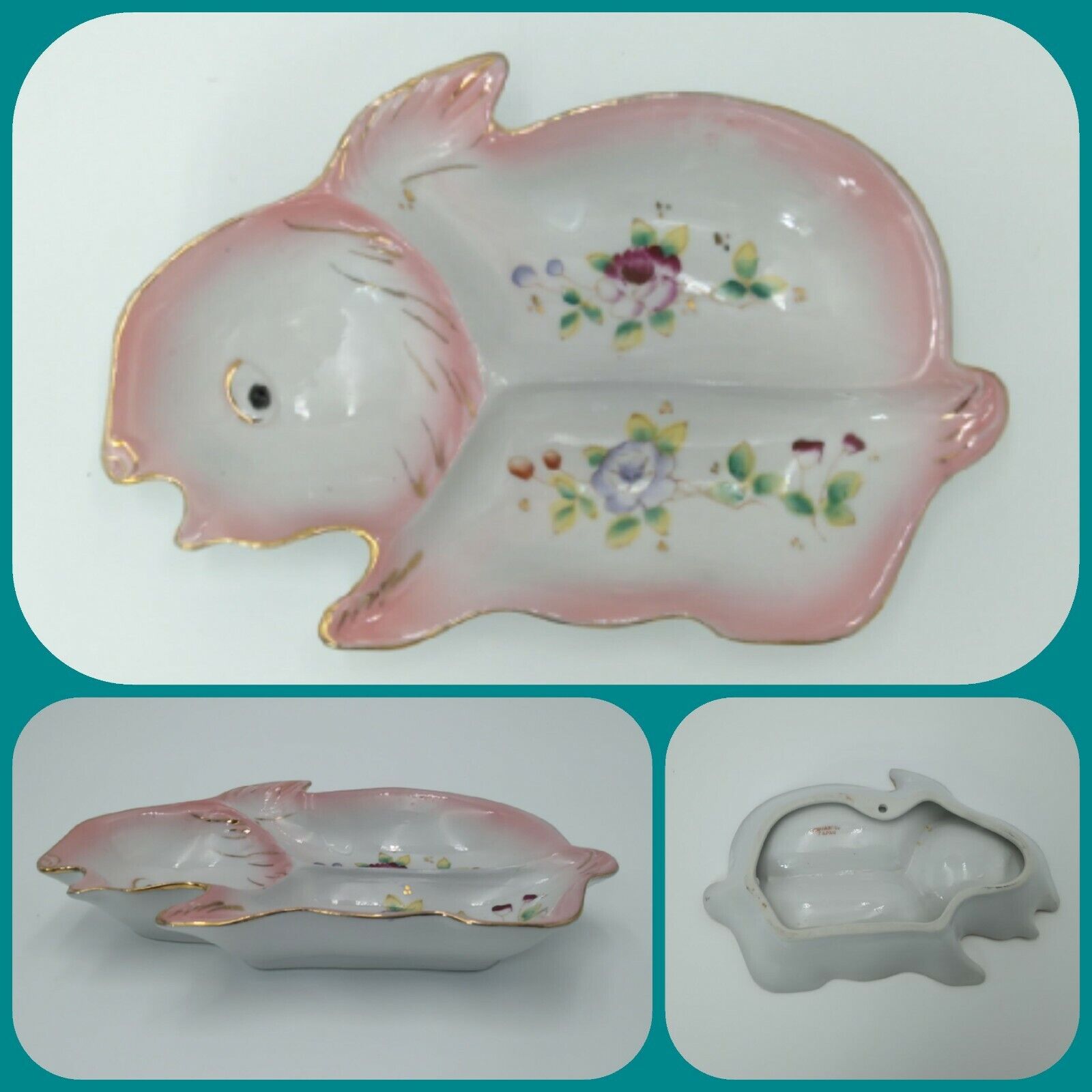Porcelain Bunny Easter Rabbit Floral Wall Plaque Divided Condiment Dish 
