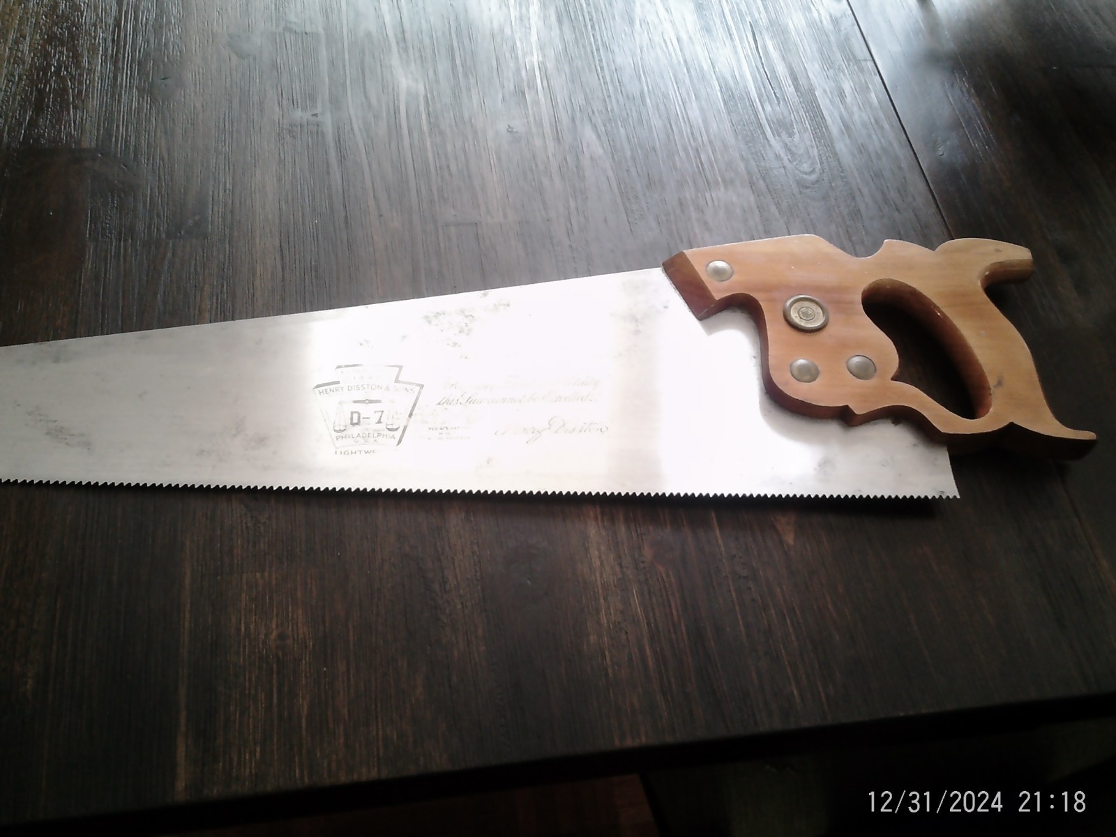 Vtg. Henry Disston D-7 Lightweight Saw 8 tpi 26 inch Blade - Excellent
