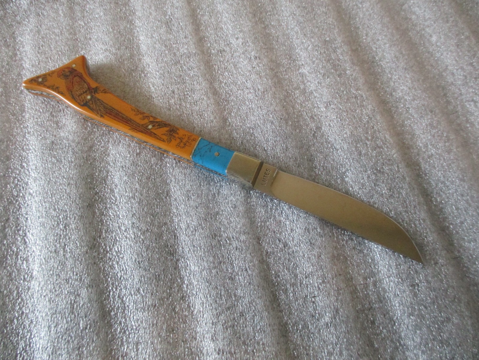NOS LUTES CUSTOM KNIFE 1990 SCRIMSHAW DESIGN by GAYLE S MCGRATH+FILE WORK HANDLE