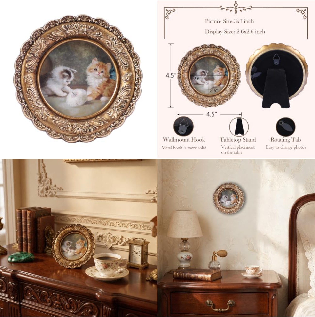 Round Picture Frame 3x3 Bronze Floral Carved Vintage Tabletop Wall Mount Single