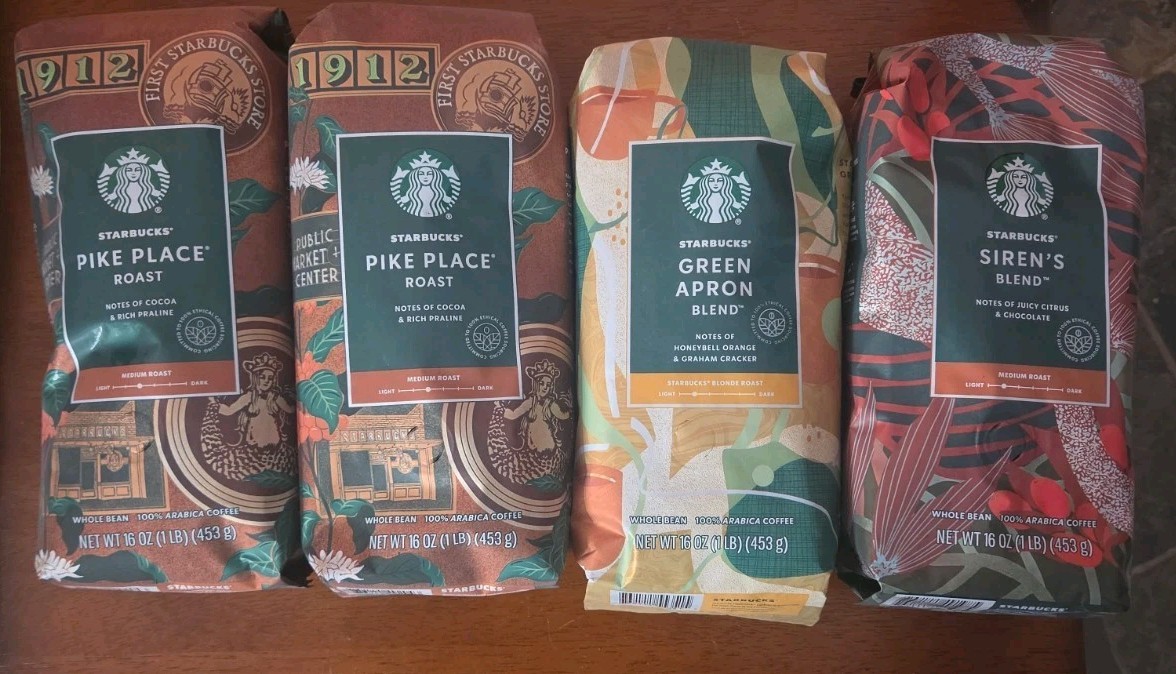 4 New Starbucks Coffee 2-pikes Peak, Sirens Blend, Green Apron - New
