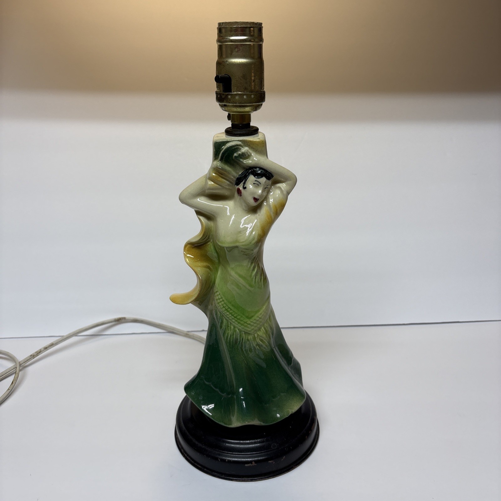 VTG 40\'S 50’s CERAMIC FLAMENCO DANCER LADY LAMP GREEN RETRO KITSCHY WORKS