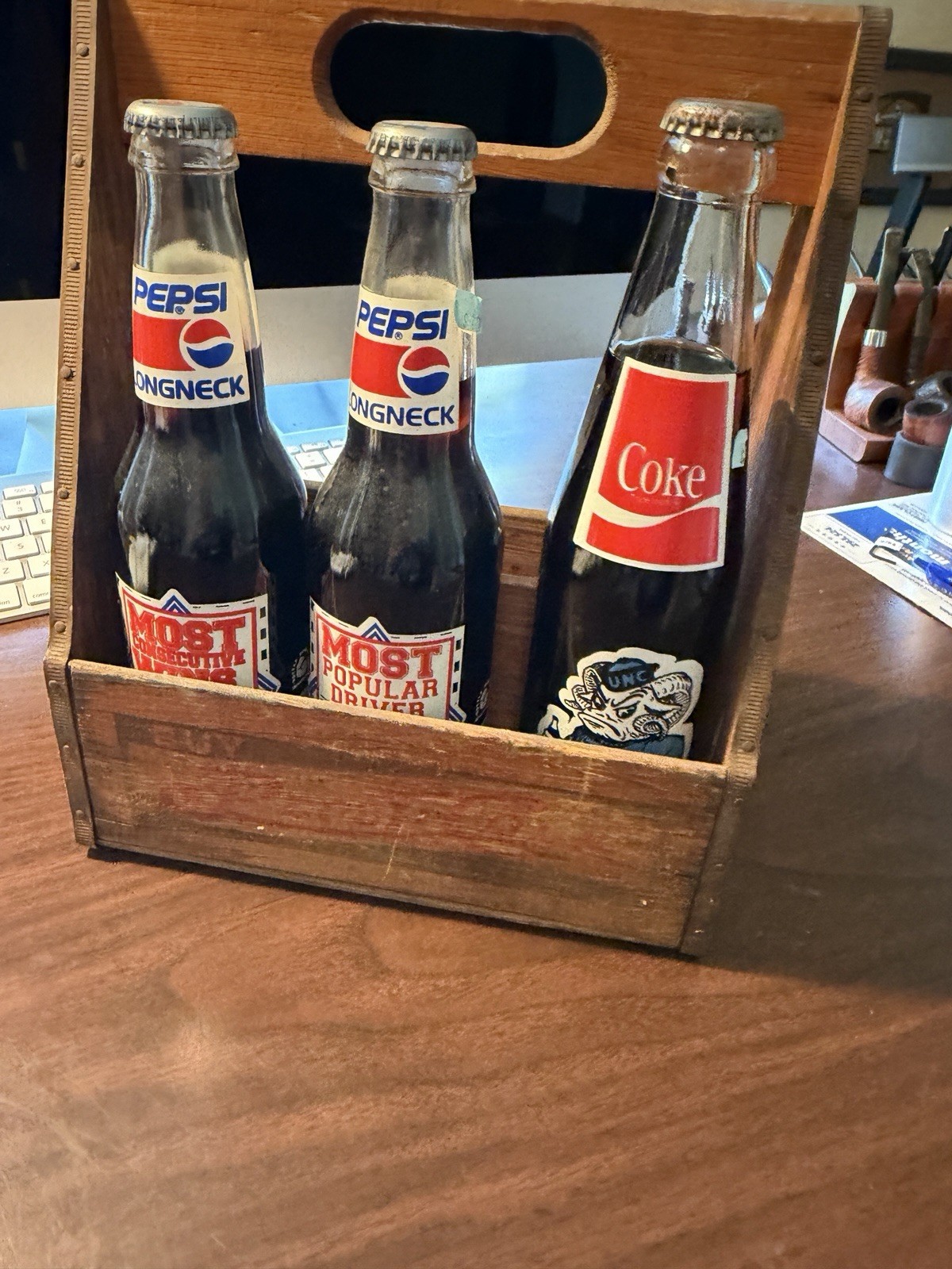 Vintage rare Pepsi-Cola wooden six pack holder with Three Collectible Bottles