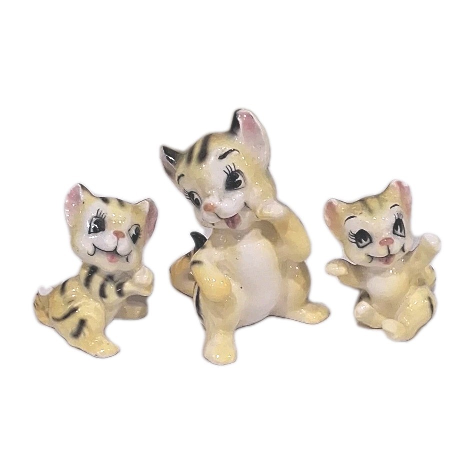 Vintage Japanese Porcelain Yellow Green Strip Kitty Cat Kitten Figurines 2 3/4\