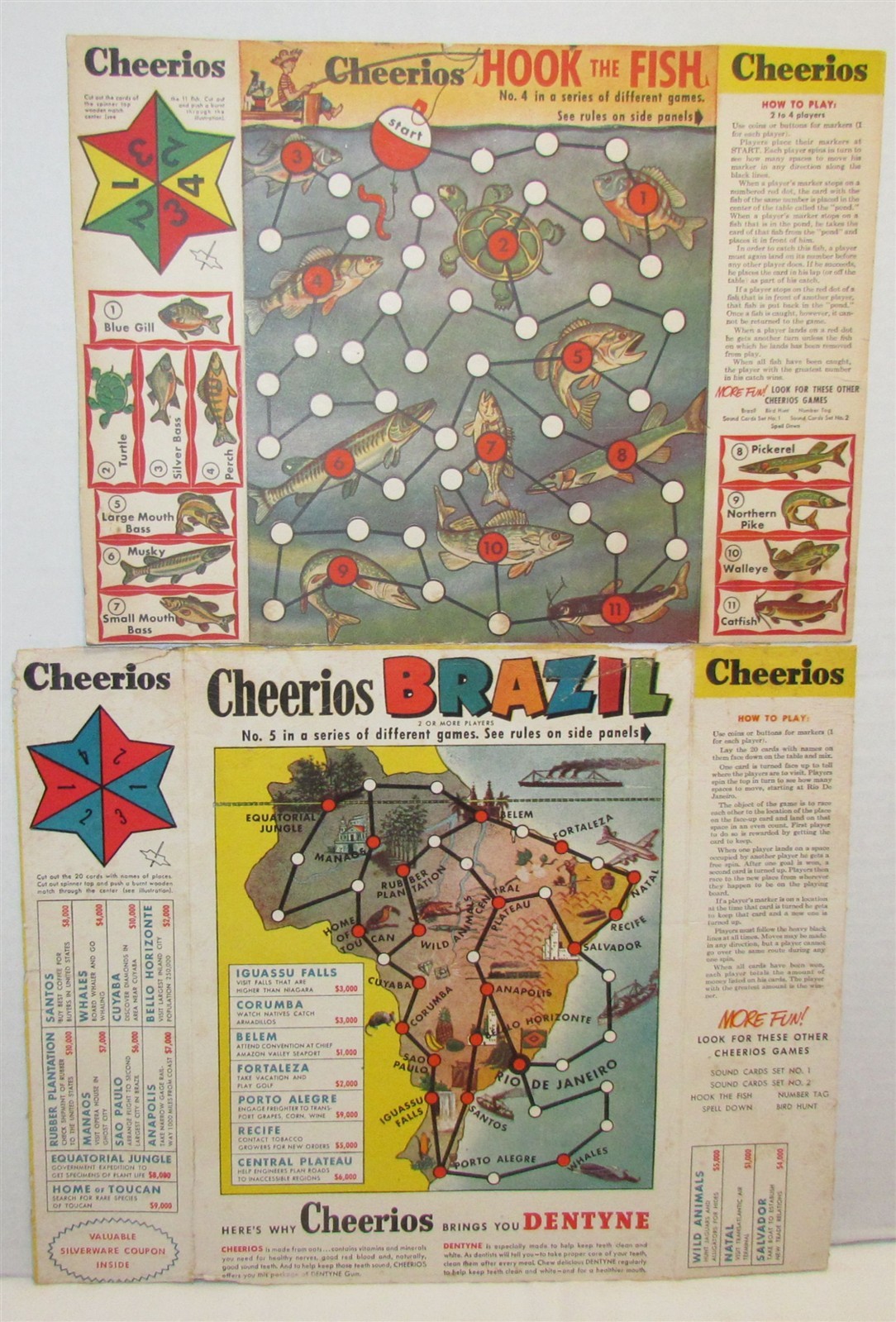 2 1950\'s Cheerios Games Box Backs: Brazil & Hook the Fish