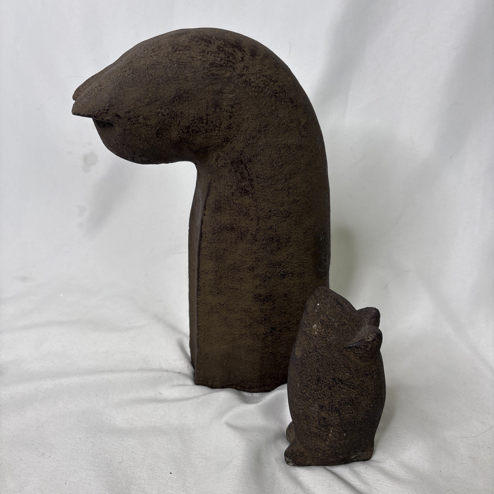 Minimalist Stoneware Cat & Mouse Sculpture Set Terracotta Clay Folk Art Boho Vtg