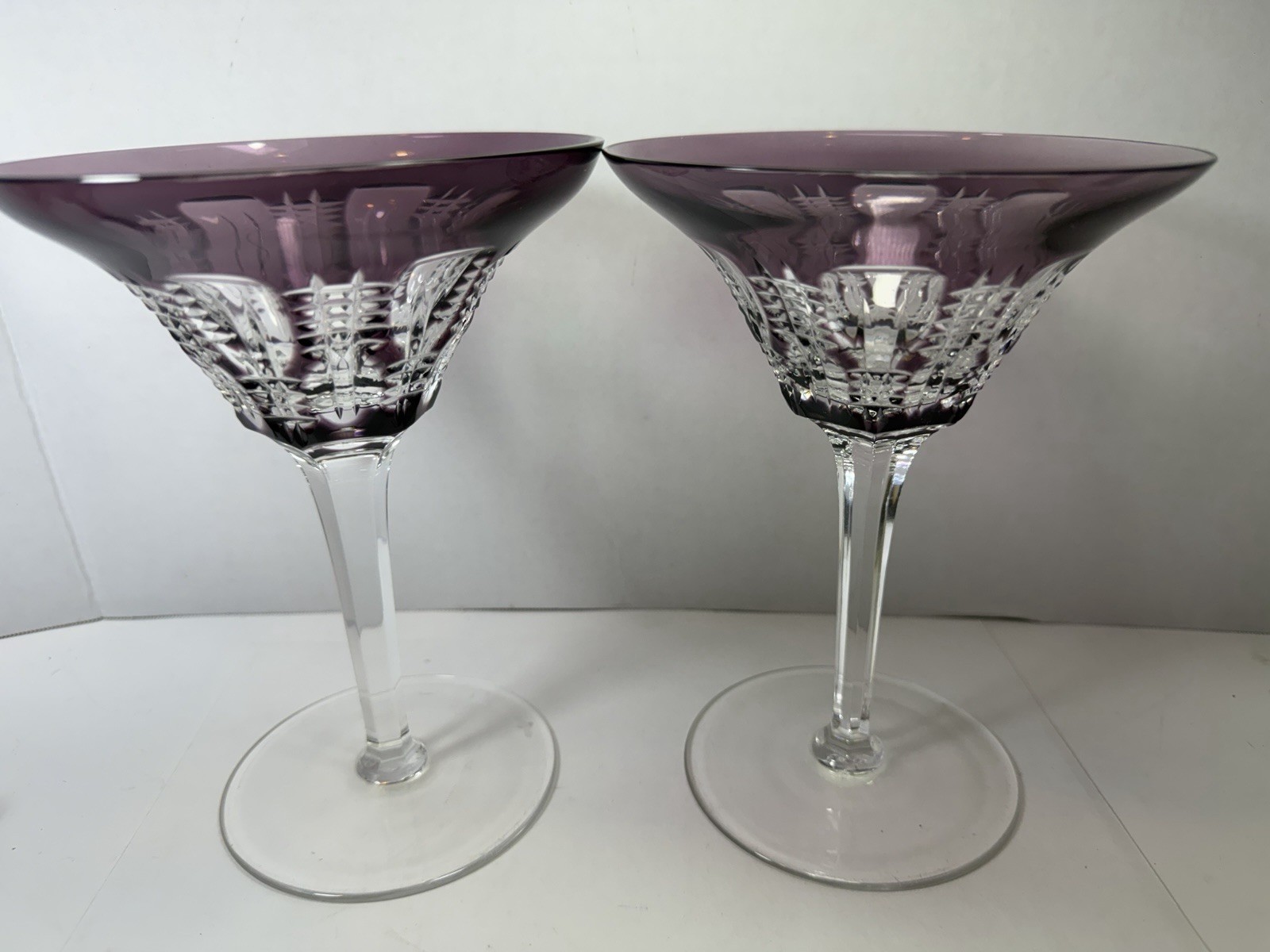 Pair Waterford Simply Lilac Cut Crystal Martini Cocktail Glasses Faceted Stem