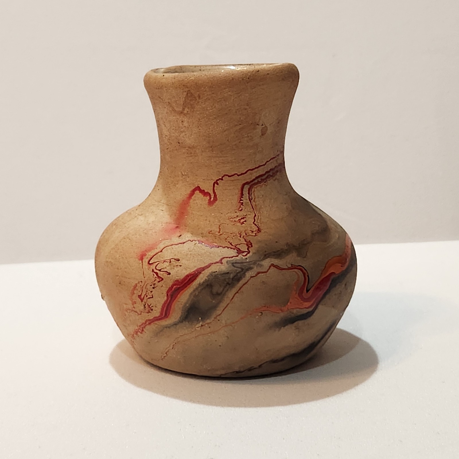 Vintage Nemadji Pottery Mini Bud Vase Red Orange Swirl Native Clay USA 3.25\