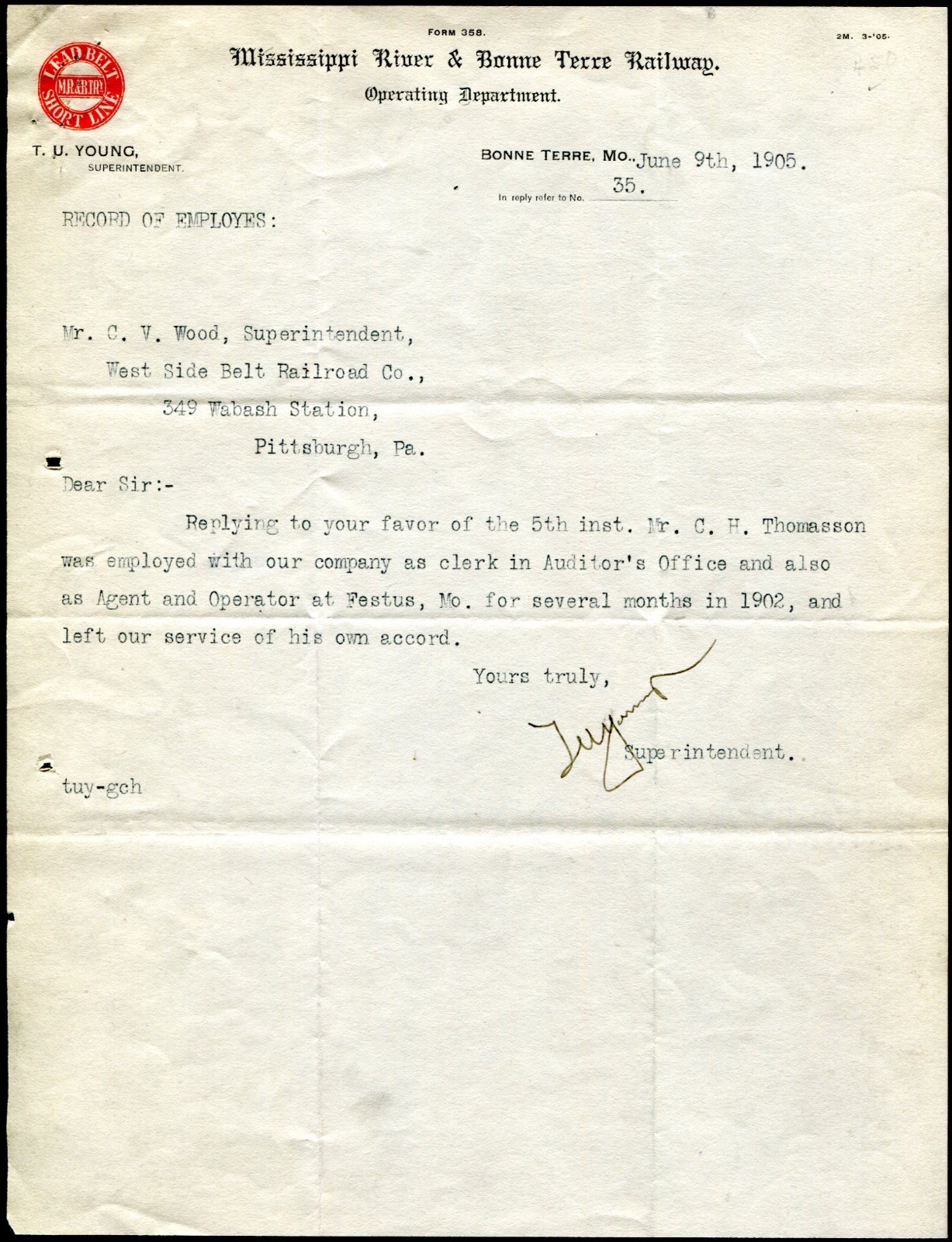 BONNE TERRE, MO., Mississippi River & Bonne Terre Railway, Color Letterhead 1905