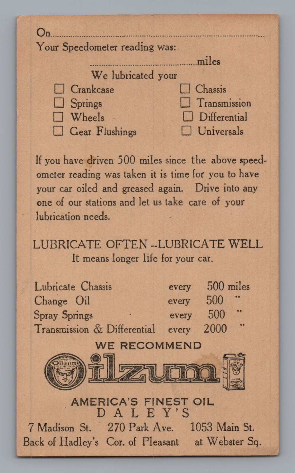 Vintage Oilzum Motor Oil Advertising Postal Card Daleys Garage Worcester MA UX27