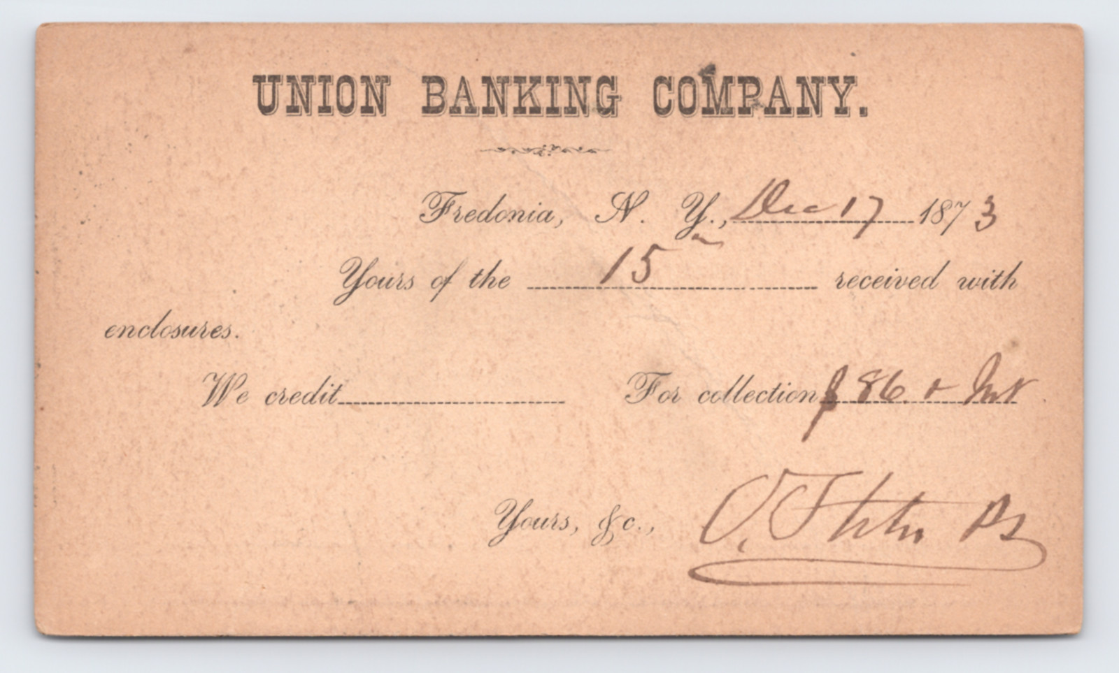 1873 Union Banking Company Fredonia NY Postal Card Marsellus Bros Rochester 1873 Union Banking Company Fredonia NY Postal Card Marsellus Bros Rochester