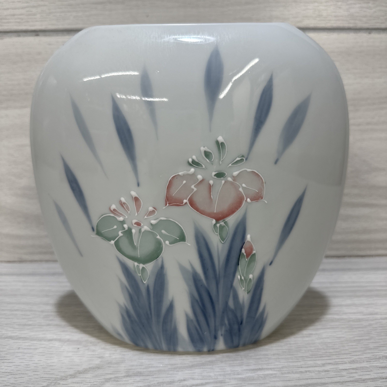 Floral Pillow Vase Japan Embossed Flower Pink Green Blue Design 7.25 x 7 x 3\ Floral Pillow Vase Japan Embossed Flower Pink Green Blue Design 7.25 x 7 x 3\