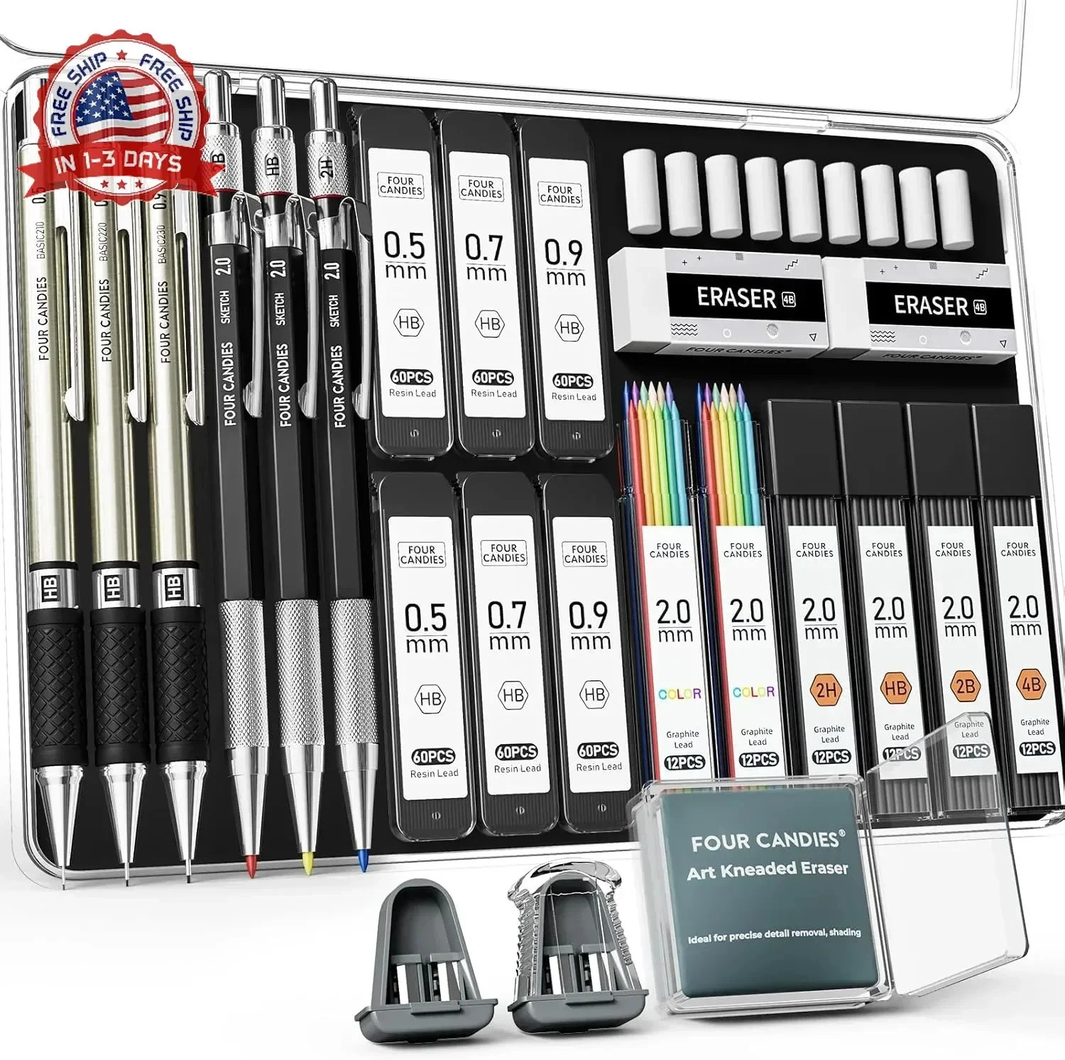 Four Candies 25PCS Mechanical Pencil Set with Case, Art Supplies with Metal Penc