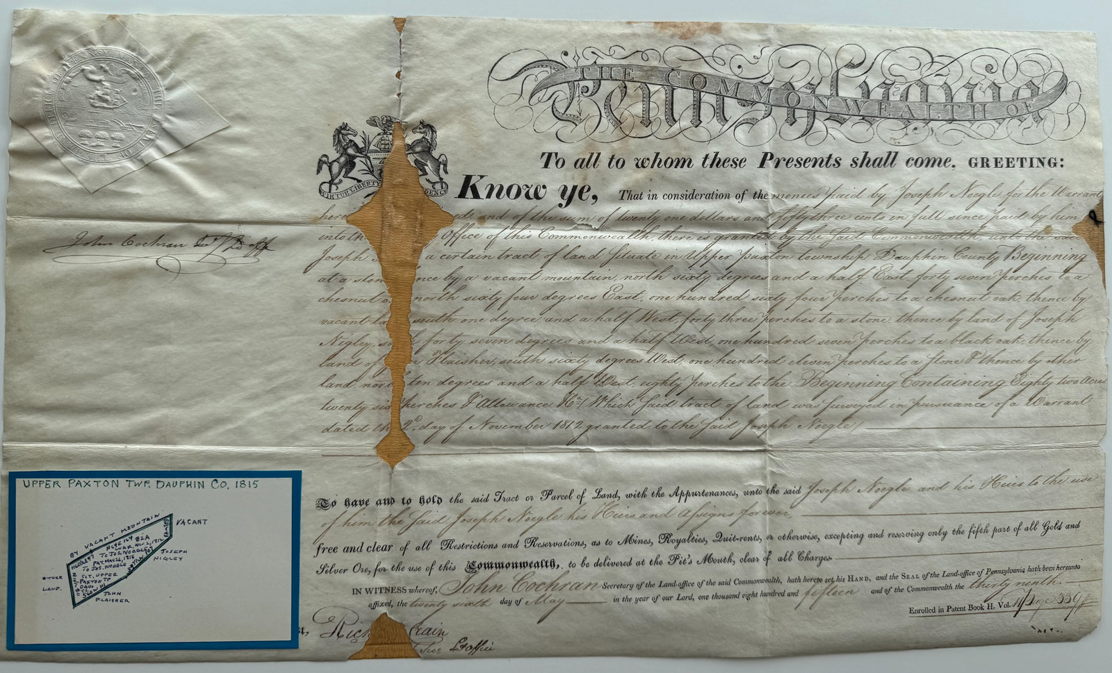 1815 Pennsylvania Land Patent to Joseph Noegle—Upper Paxton Township, Dauphin