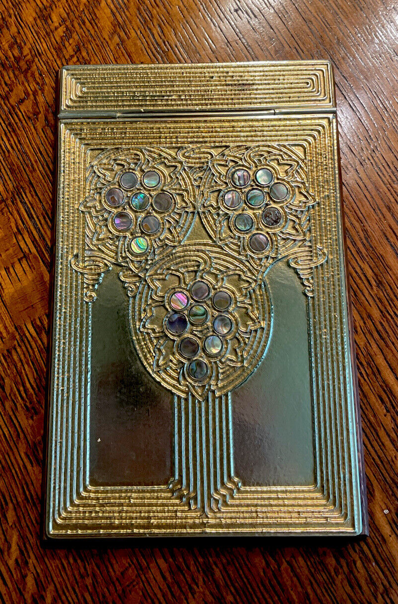 Antique Tiffany Studios New York  Abalone Early Gold Dore Note Pad w/ Oak Base