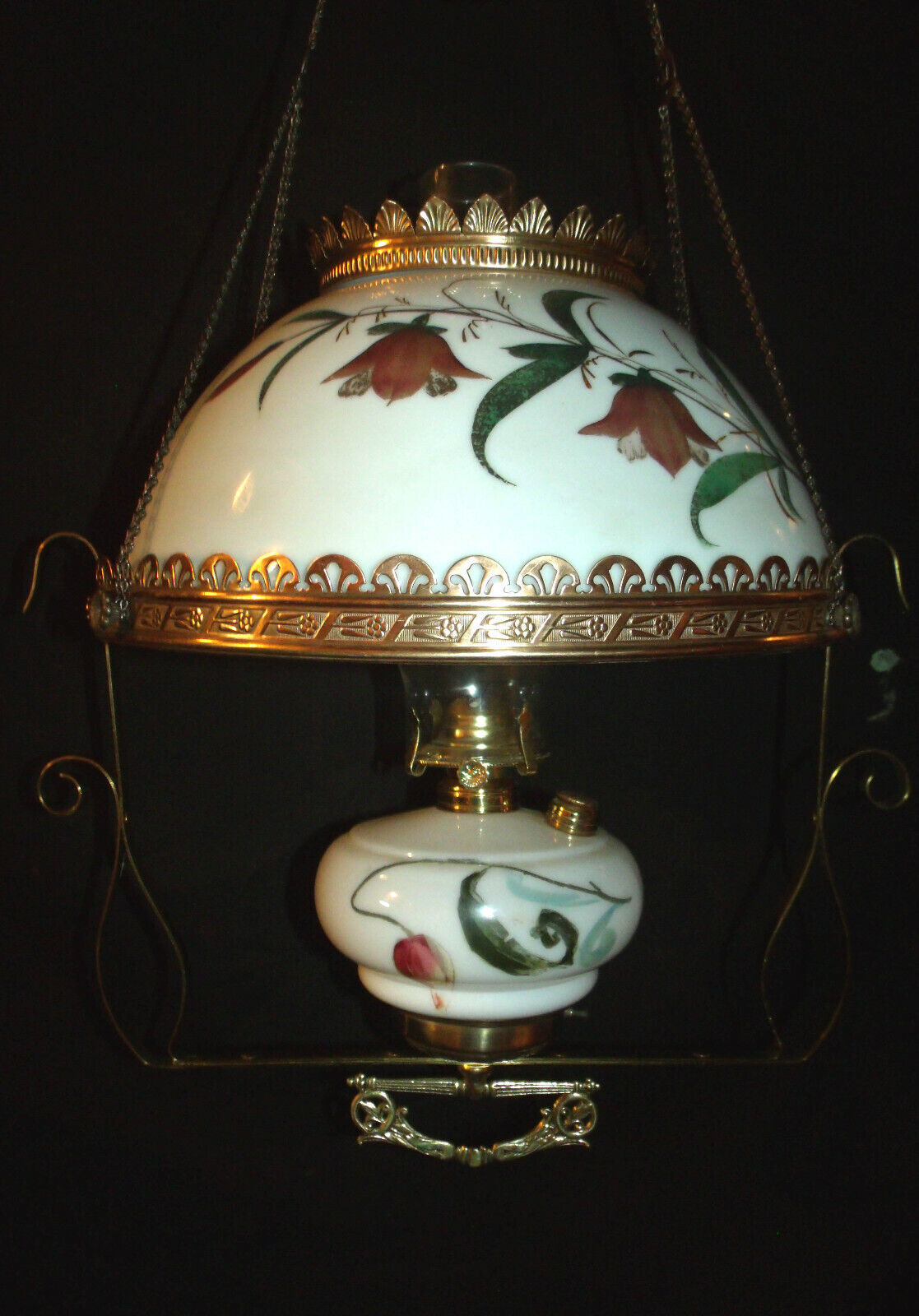 ANTIQUE B & H HANGING OIL LAMP (MATCHING SHADE & FONT FLORAL)