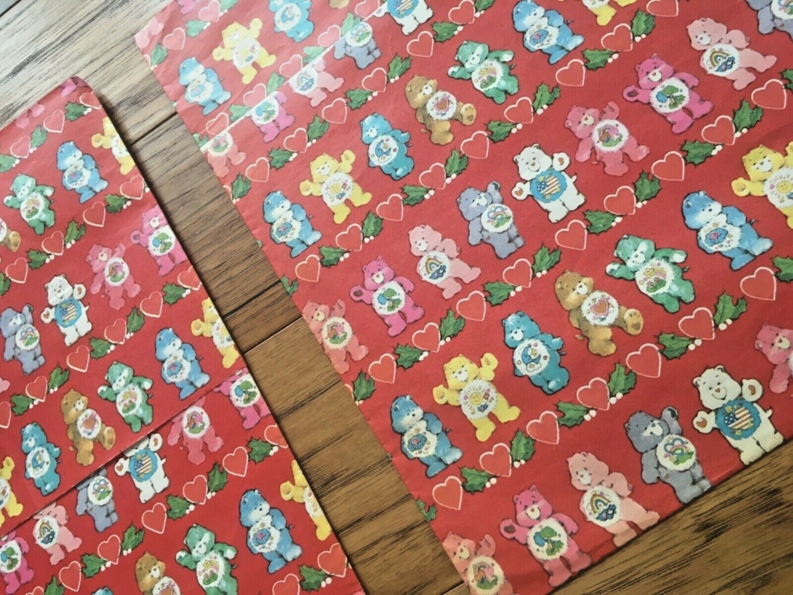 TWO 1980's Vintage Valentine Care Bear Heart Wrapping Paper/Ephemera/Gift Wrap
