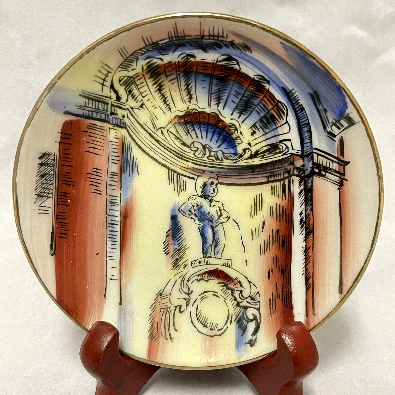 Manneken Pis Bruxelles Small Round Trinket Dish Coaster Brussels Boy Vintage